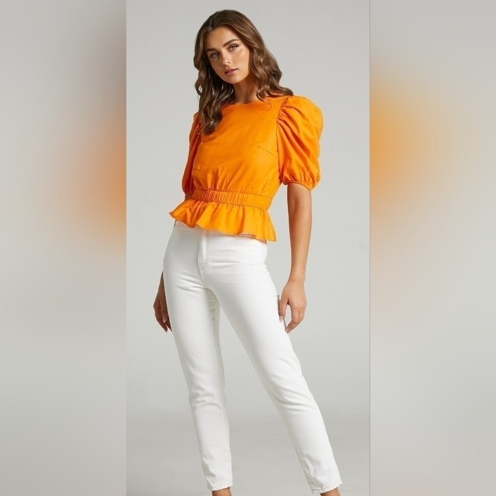 Showpo Linen Blend Bambina Open Back Peplum Top In Orange Sz. 6